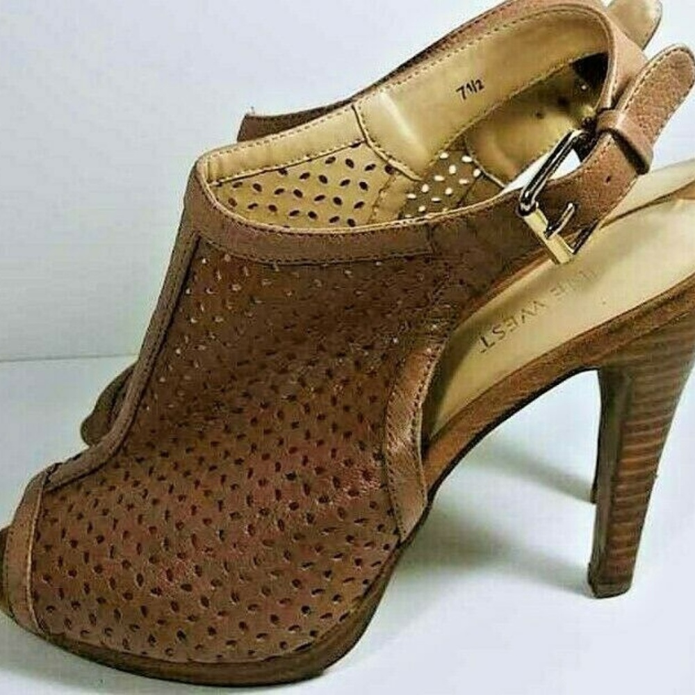 Nine West Leather Mesh Bootie Heels 7.5M Peep Toe - Picture 3 of 7